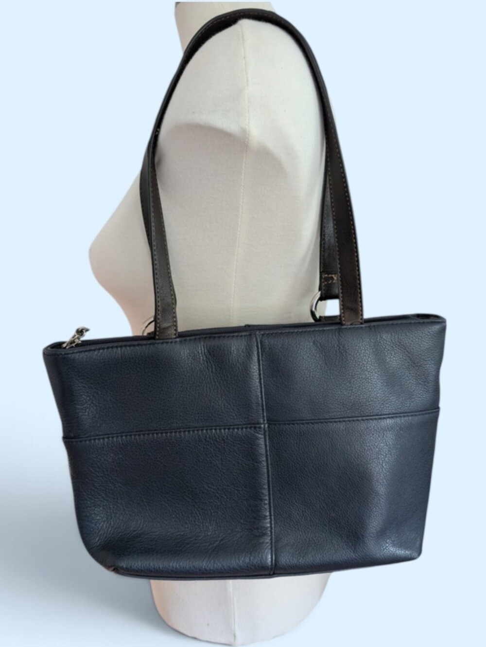 Madison Studio Leather Navy Bag With Brown Leather Straps Silver Hardware Purse